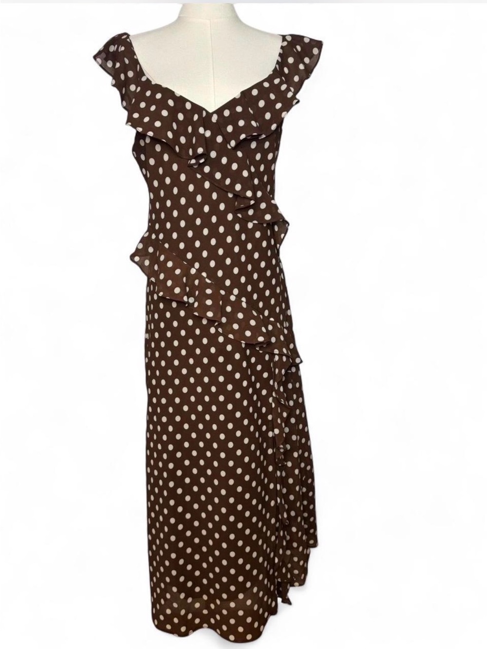 Chelsea28 Brown Polka Dot Ruffle Midi Dress | Romantic Coquette Wedding Guest - Picture 2 of 8